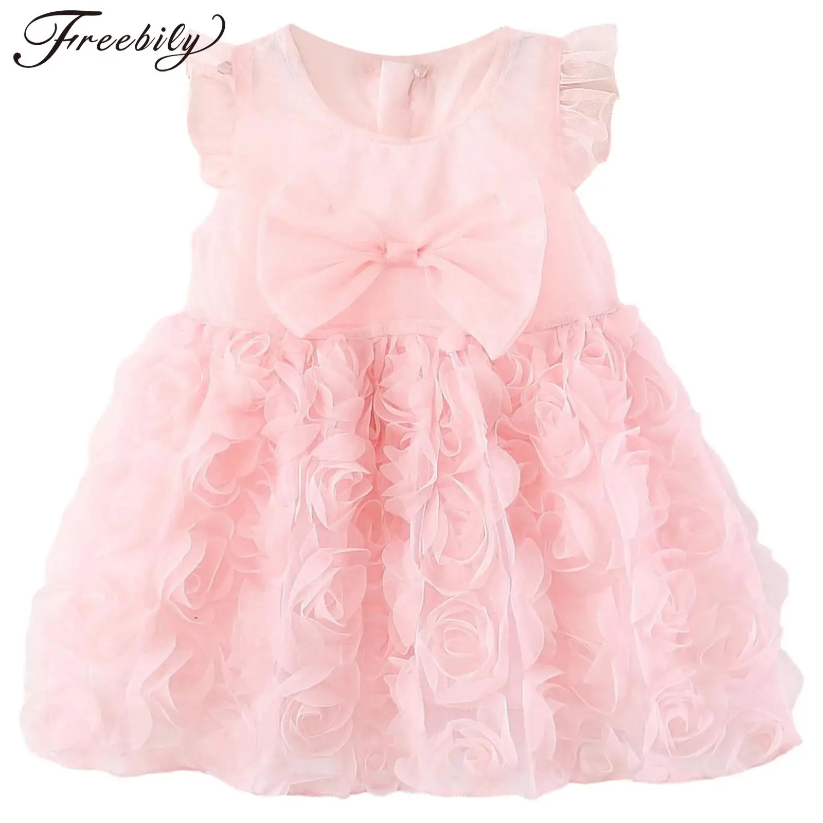 

Baby Girls Flower Lace Princess Dress Round Collar Fly Sleeves Bowknot Dresses Infant Summer Clothes for Wedding Birthday Party
