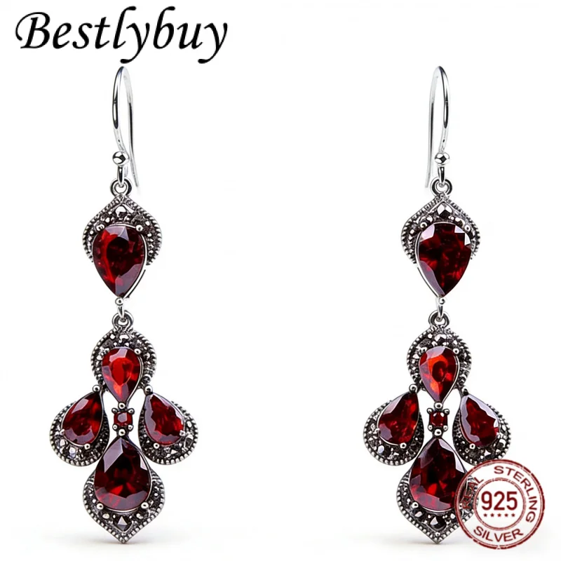 

Серьги-кисточки из 100% стерлингового серебра S925 с натуральным красным гранатом в форме капли для женщин, винтажные украшения для ужина и свадьбы