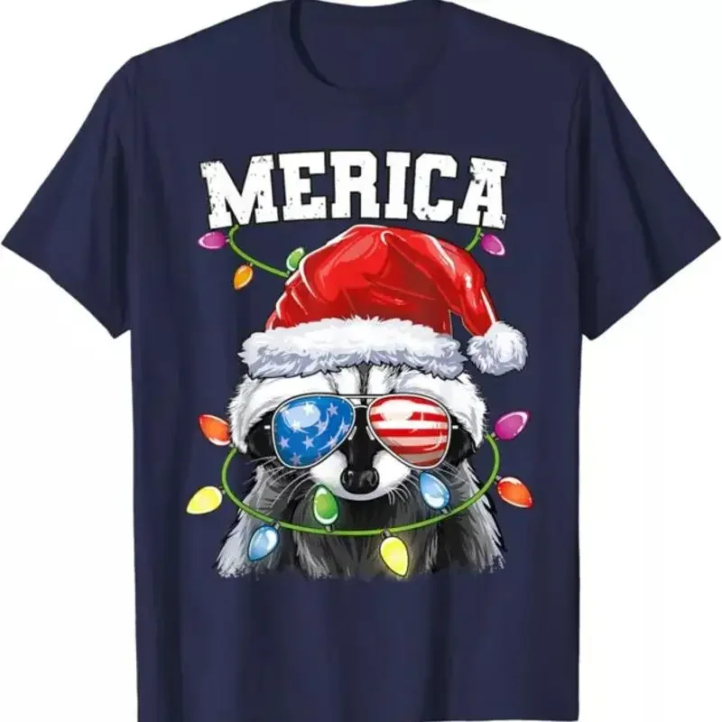 Merica Christmas USA Flag Funny Santa Raccoon T Shirt