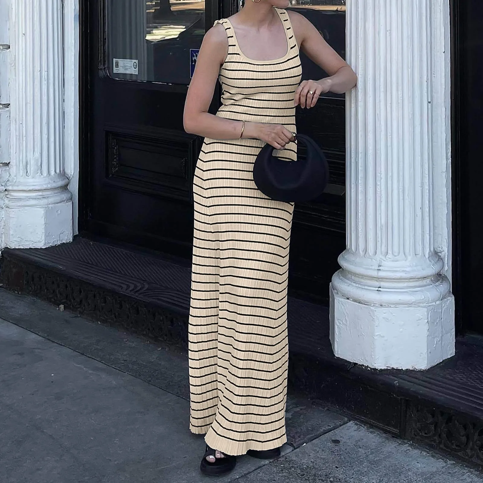 

Women's 2024 Striped Knit Bodycon Midi Dress Square Neck Side Slit Tank Ribbed Sweater Dresses Summer Day Dress