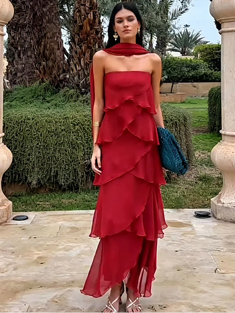 Strapless Maxi Dress Tiered Asymmetrical Ruffle Layer With Detachable Neck Scarf Flowy Guest Evening Women Long Dress 260701