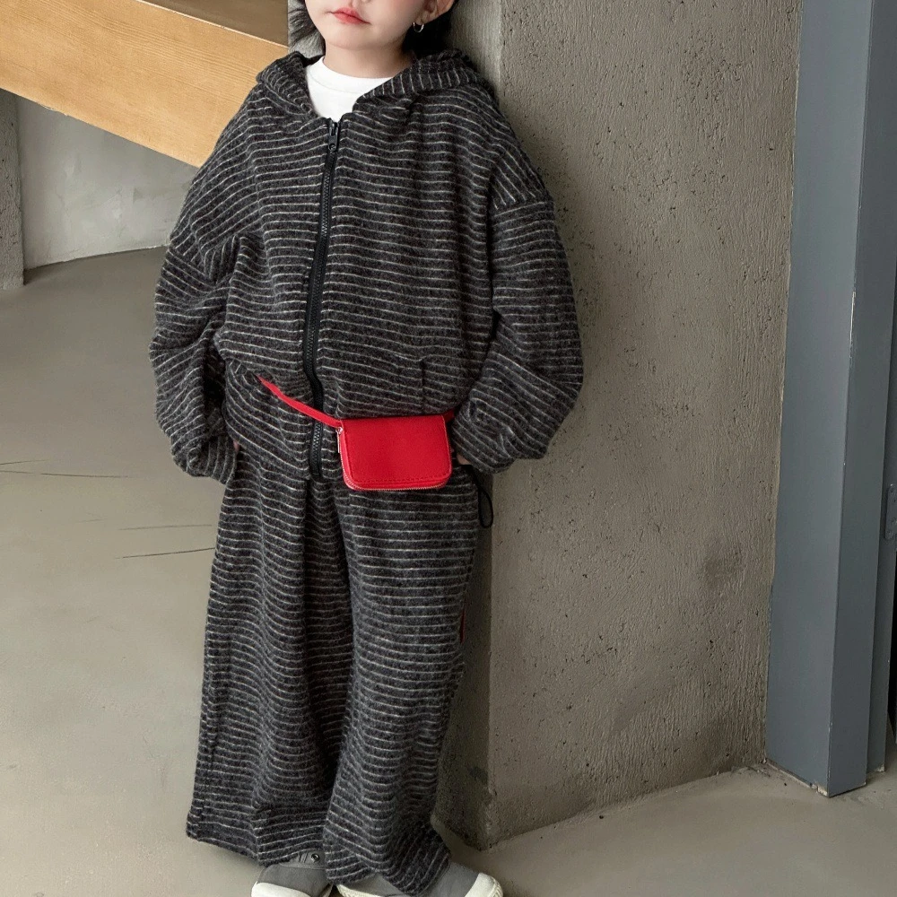 

Suit 2025 Autumn New Children's Wear Korean Style Boys and Girls Languidly Striped Long-sleeved Hooded Coat Trousers Two-piece
