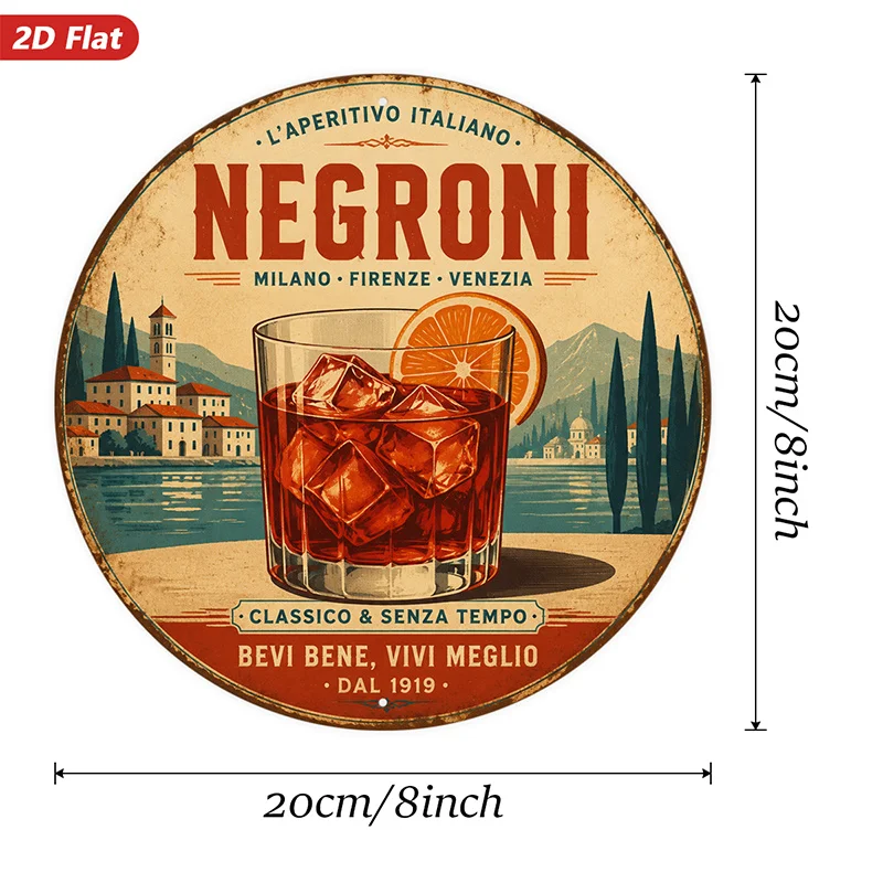 2D Flat, 1pc Italian Cocktail Art Round Metal Sign Wall Art, Negroni Text, Red In Glass, Ideal for Bedroom Corner Office, Home D