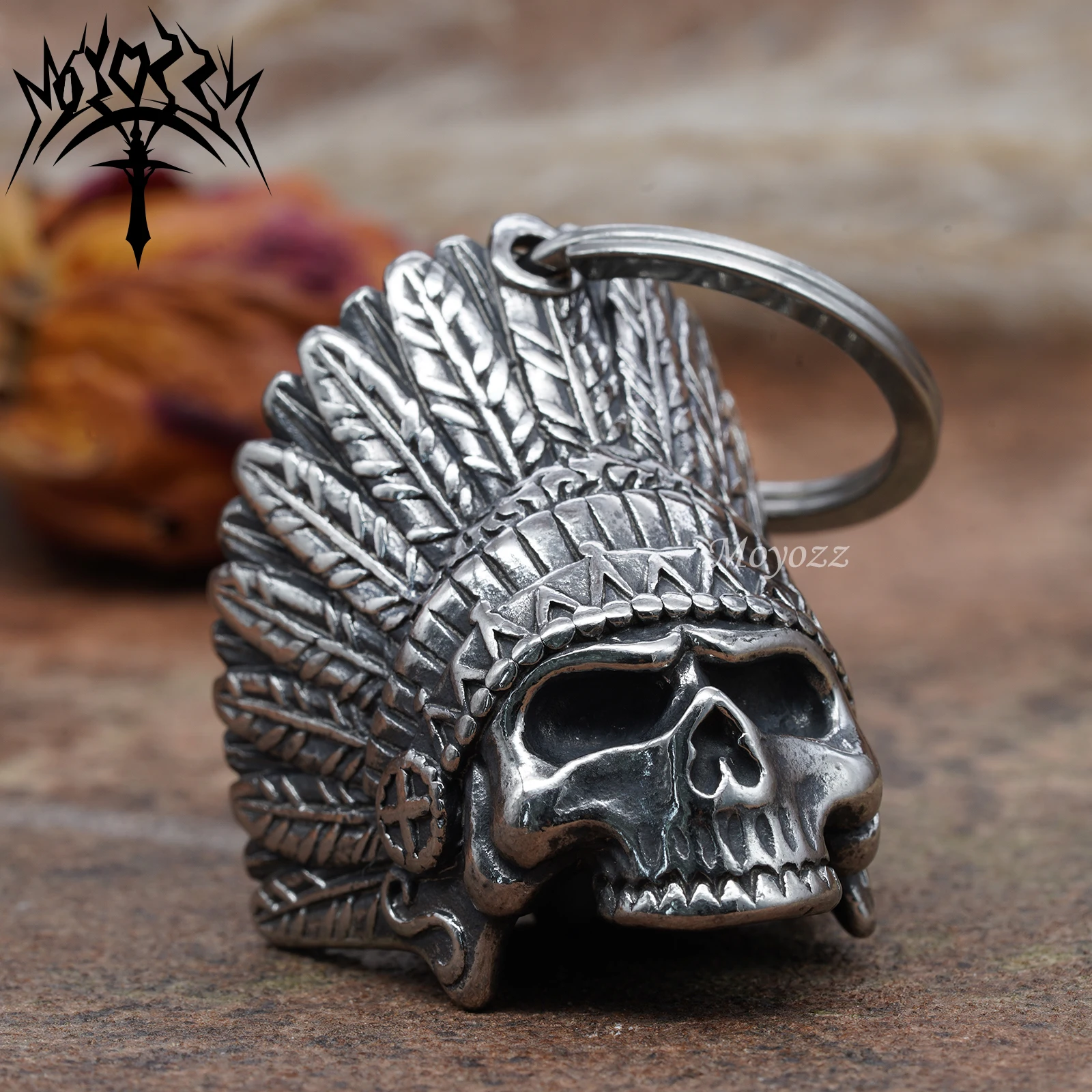 Indian Skull Bell - Biker Bell Accessory or Key Chain Luck Gremlin Ride 316L Stainless Steel Bell For Mens & FREE Bell Hanger