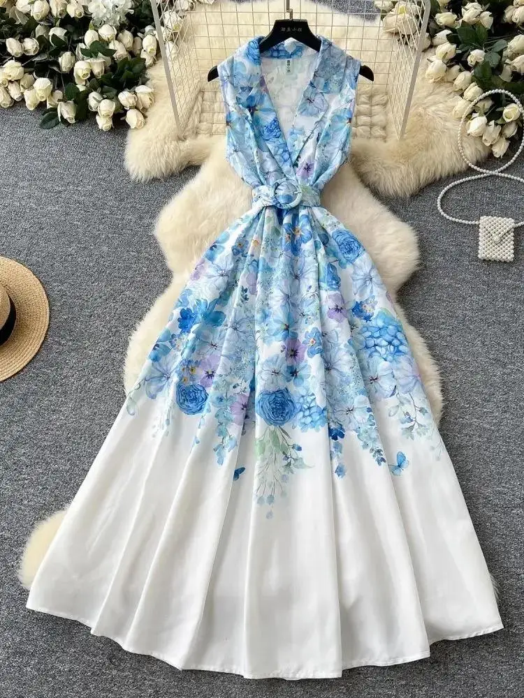 

Summer Casual Single Breasted Notched Collar Tank Dresses Women Clothing Gorgeous Floral Print Belt Vest Long Party Vestidos