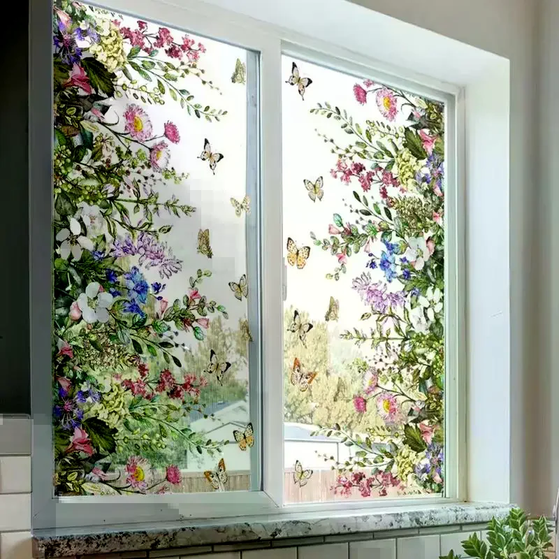 Non Toxic Static Cling Floral Window Sticker 1/2 Sheets Wildflower Butterfly Design for Kids Room Window Decor