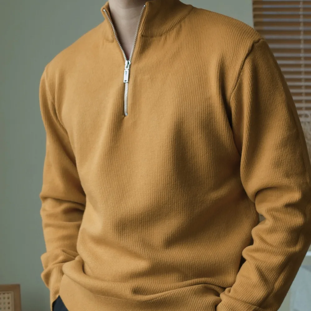 Autumn Winter Coffee Color Zipper High Neck Pullover Casual Sweater Men Half High Neck Slim Fit Black Warm Knitted Male Sweater