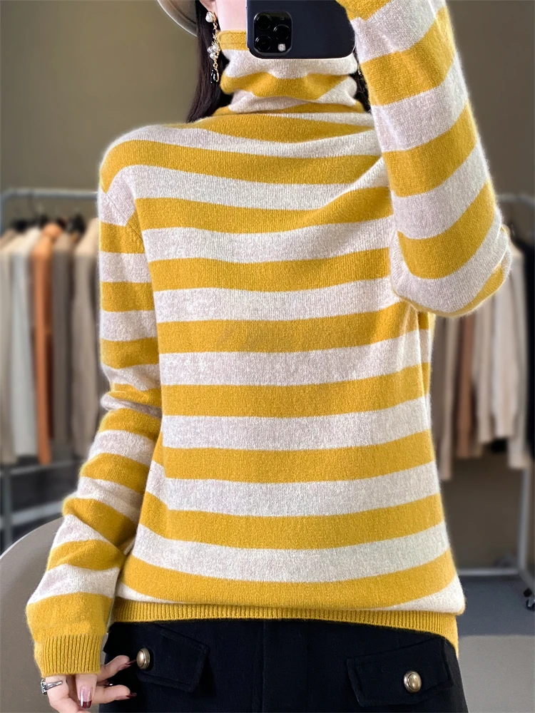 

Women Sweater Turtleneck Long Sleeve Warm Autumn Winter Striped Korean Fashion Pullovers Basic Knitted Sweater Slim Jumpers