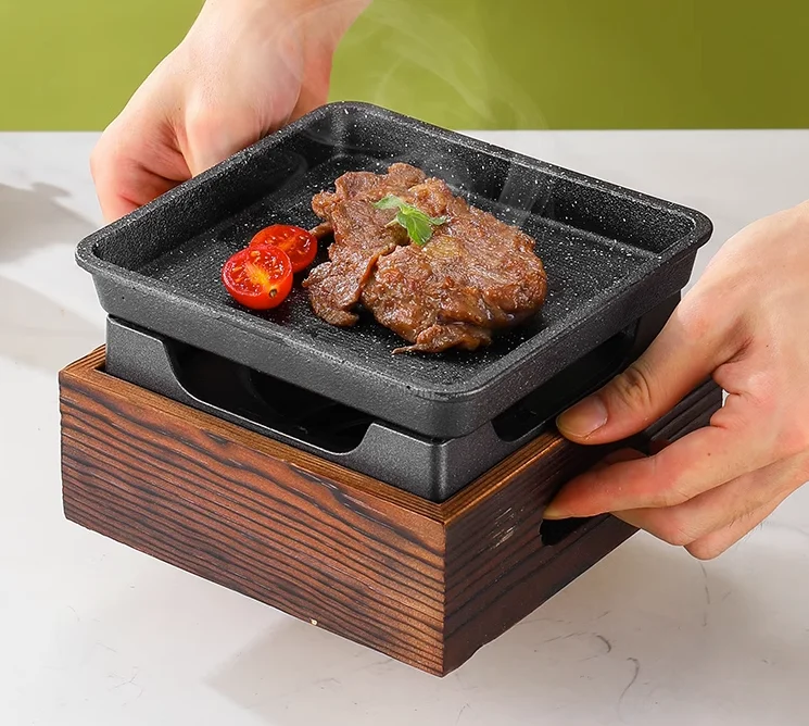 Mini barbecue grill table BBQ cast iron barbecue plate steak pan wooden box square stove outdoor household restaurant portable s