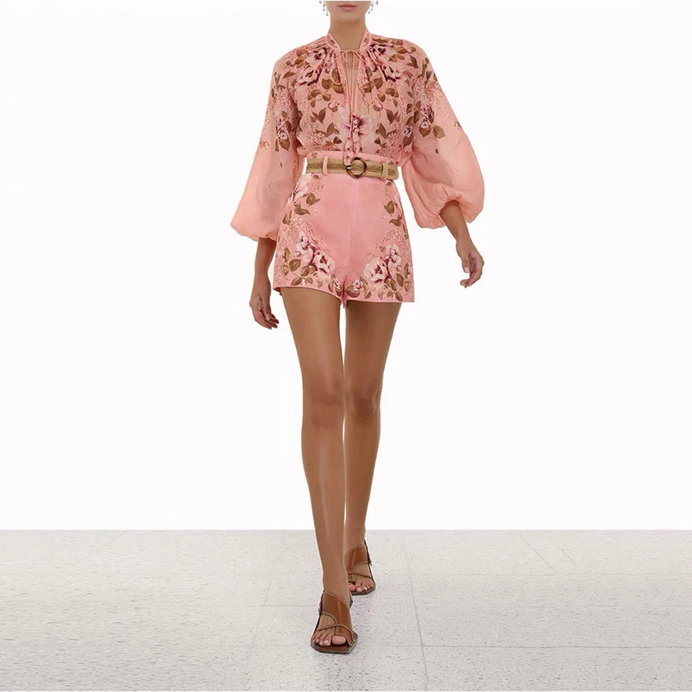 

2025 Spring Floral Print High Waist Long Sve Women's irt And Belted ort Set Unique Design Faionable Casual Outfit