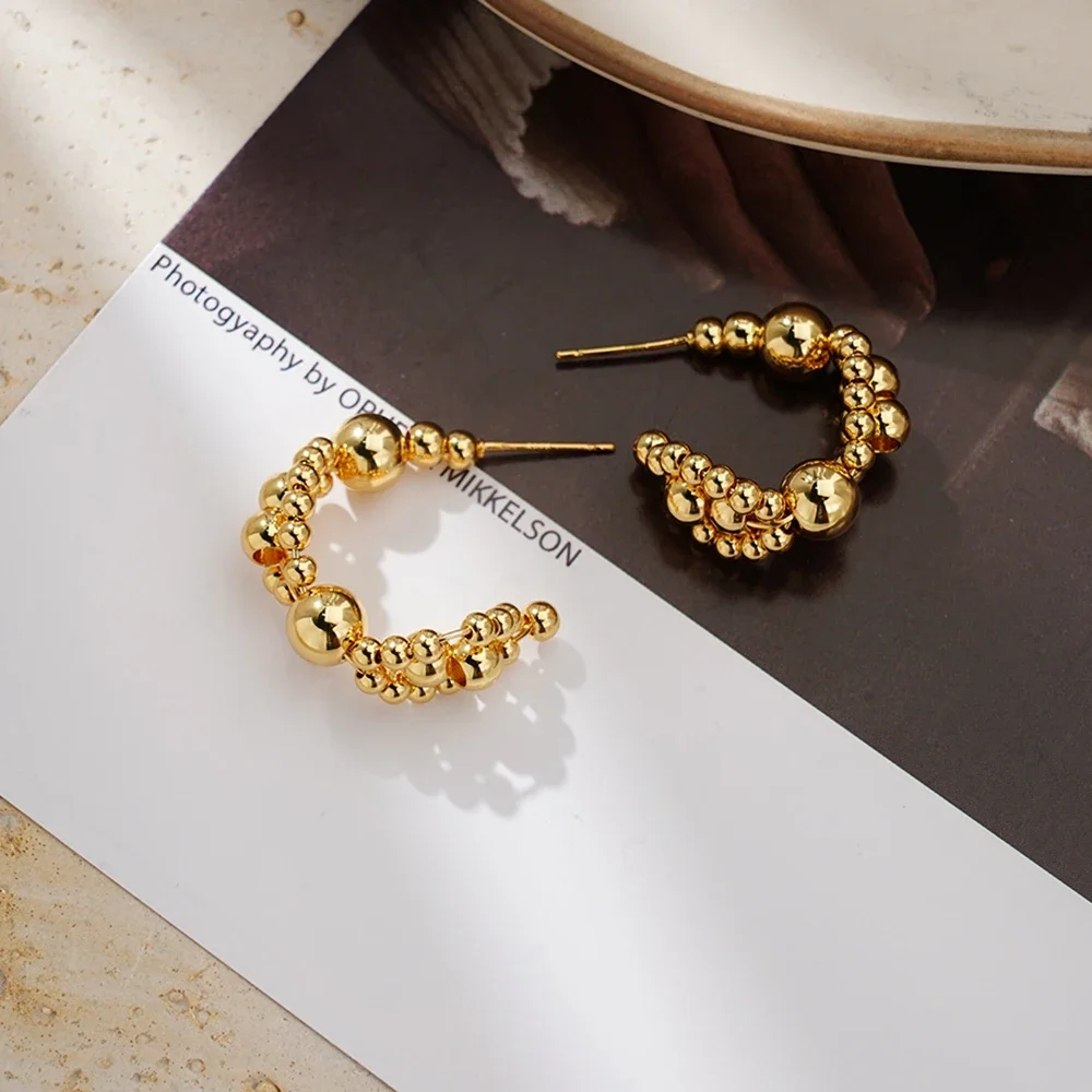 Fashion Round Bead C Shape Gold Jewelry Earrings Brass Material 18k Pvd Gold-Plated Waterproof Eardrop 2024 New