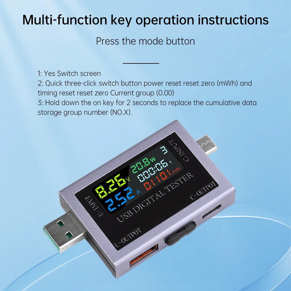 Multifunktionaler USB+Typ-C-Spannungs-Strommesser DC 4,5–50 V Digitalanzeige Spannungsstrom-Leistungsmesser 0–8 A Kapazitätstester