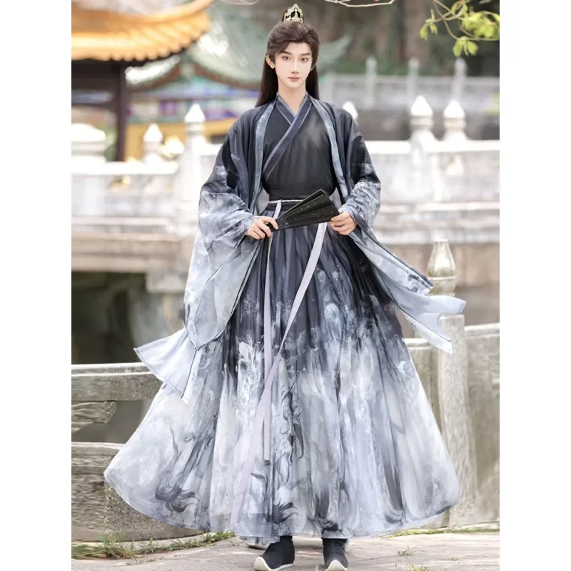 Autumn Original Ink Painting Waist Length Long Sleeved Hanfu Dress Suit Men Fashion Halloween Couple Suit Swordsman Cospaly 3xl