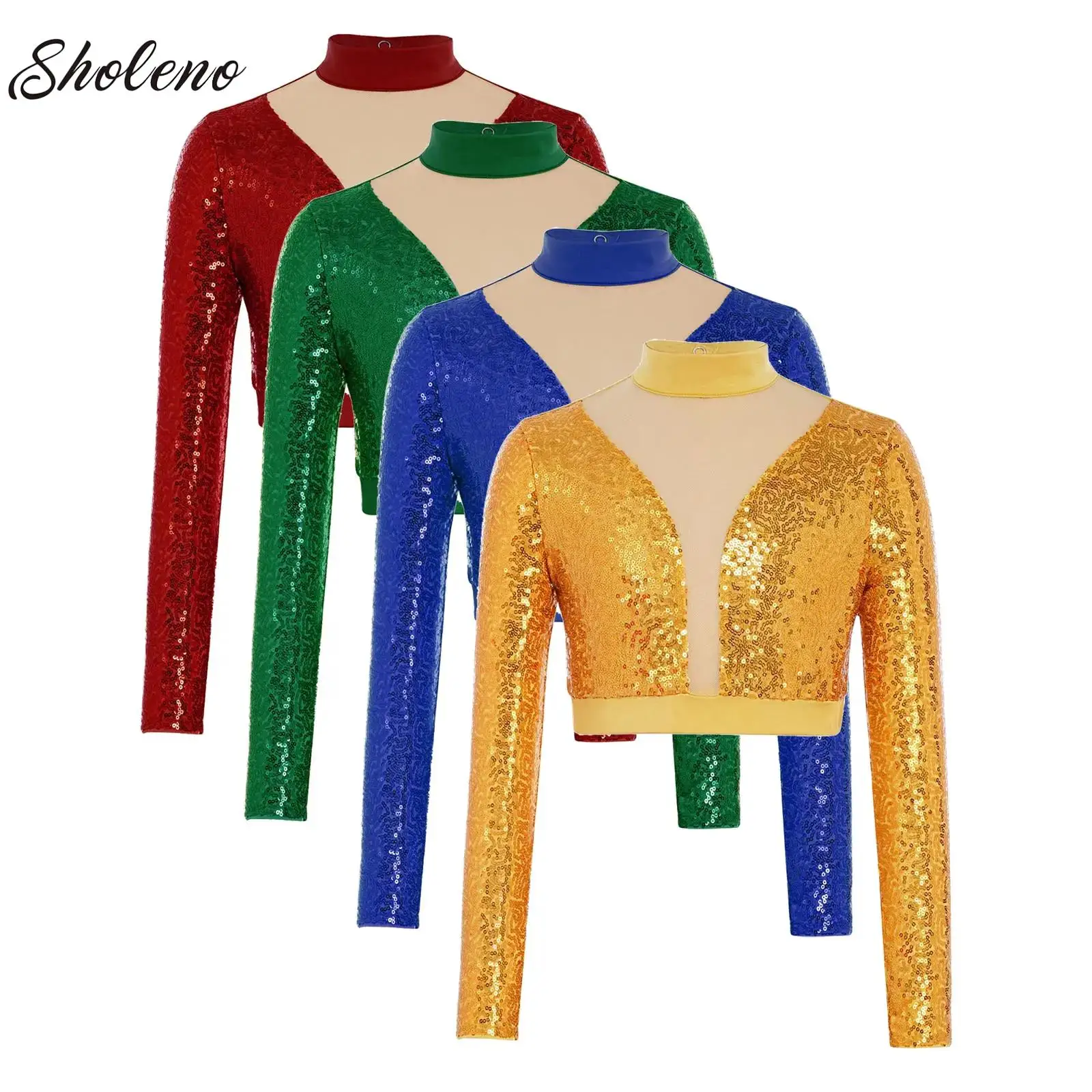 

Kids Girls Acrobatics Gymnastics Dance Top Long Sleeve Shiny Sequins Mesh Patchwork Back Cutout Crop Tops Belly Stage Dancewear