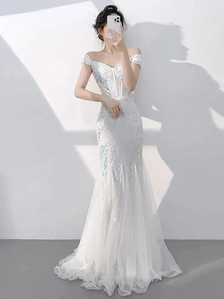 

Fashion Champagne Color Sequined Evening Dress Women's Slash Neck Off Shoulder Slim Mermaid Dresses New 75UWG