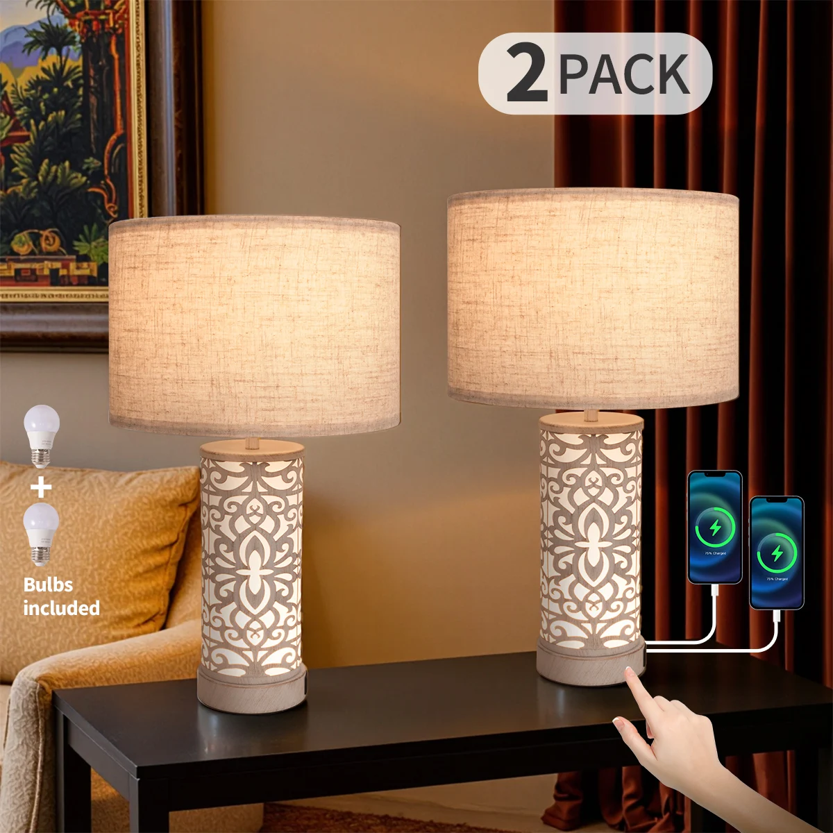 

Retro Farmhouse Table Lamp with Multi-Function and Dimmable, Two Packs + 2 USB Ports with Night Light for Living Room, Bedroom and Bedside Table Study, Including Bulb