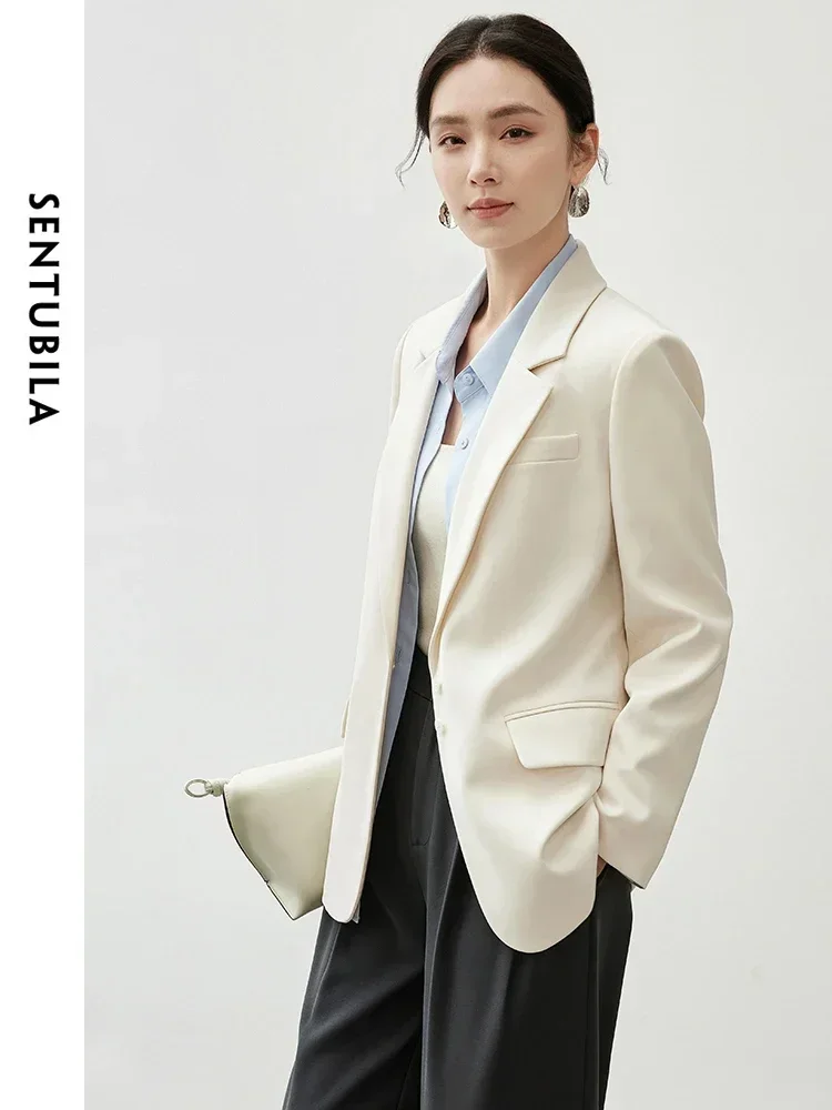 SENTUBILA Padded Shoulder Blazer for Women 2024 Autumn Commute Casual Loose Office Lady Work Business Tailored Coat 143X56552