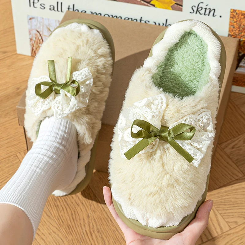 Sweet Cute Bowknot Plush Slippers Women Comfortable Soft Sole Warm Furry Home Slides Woman Non Slip Platform Cotton Slippers