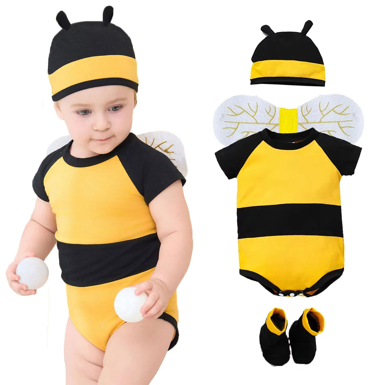 Honeybee Bee Costume for Baby Boys Girls 0-12M Bodysuit Hat Wings Socks Set Birthday Photography Fancy Dress