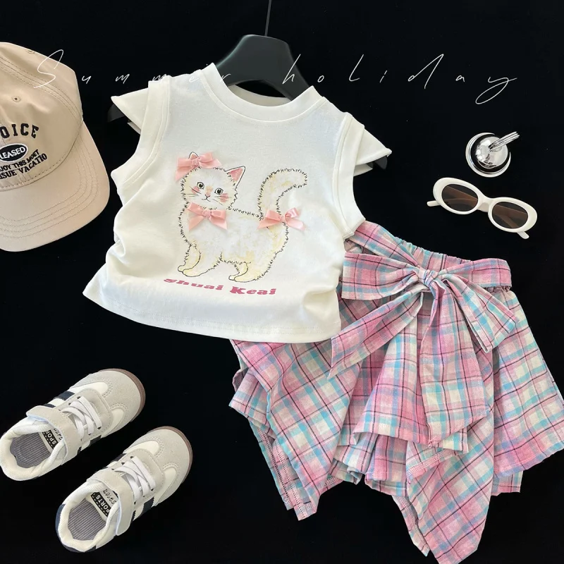 

2025New Girls Summer Kitten Print Cartoon Short Sleeve Irregular Bow Skirt Suit172187
