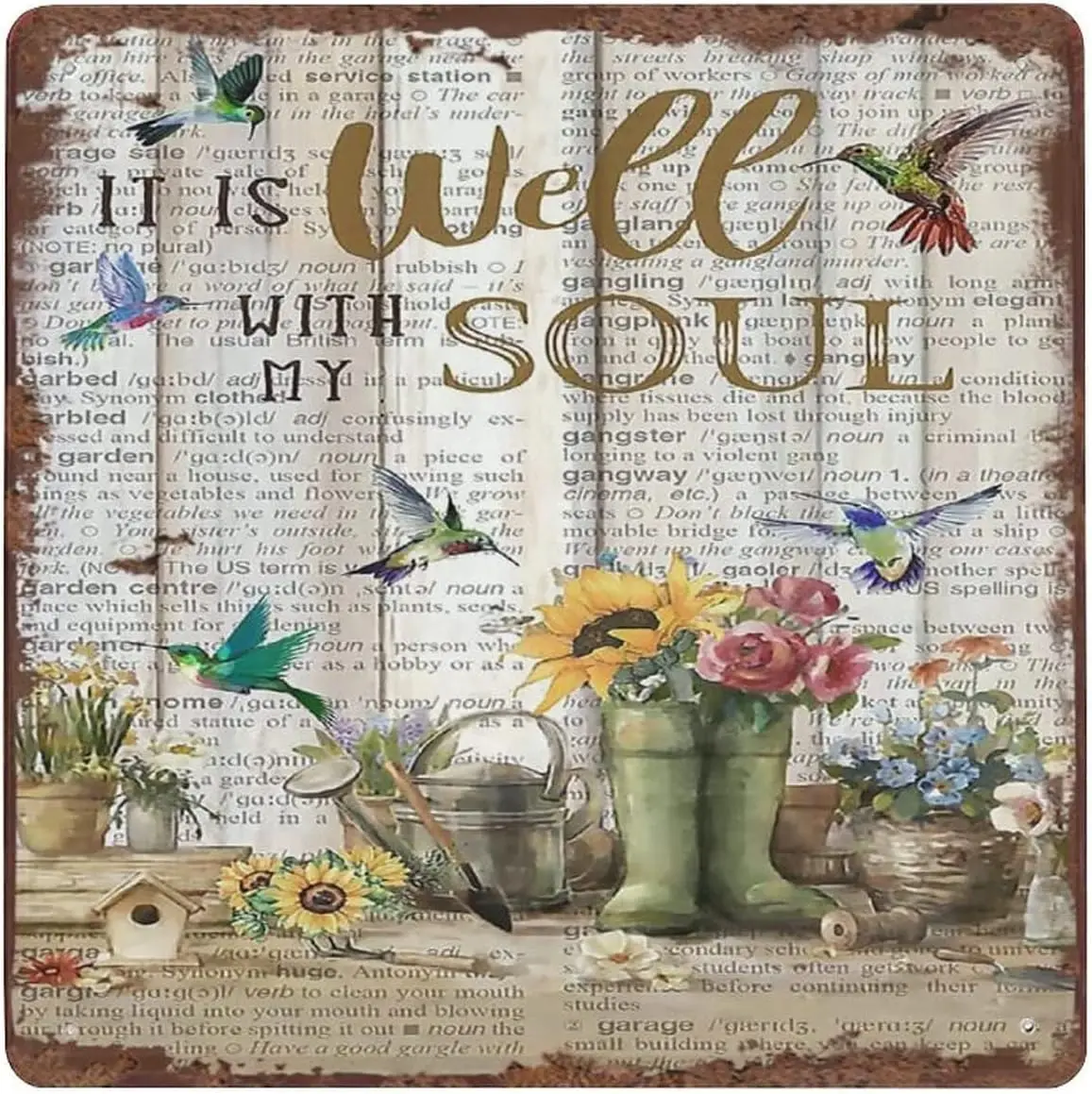 Retro Gardening Well with My Soul Hummingbird Metal Tin Sign Decoration for Garage Yard Home Outdoor 12x12 Inch