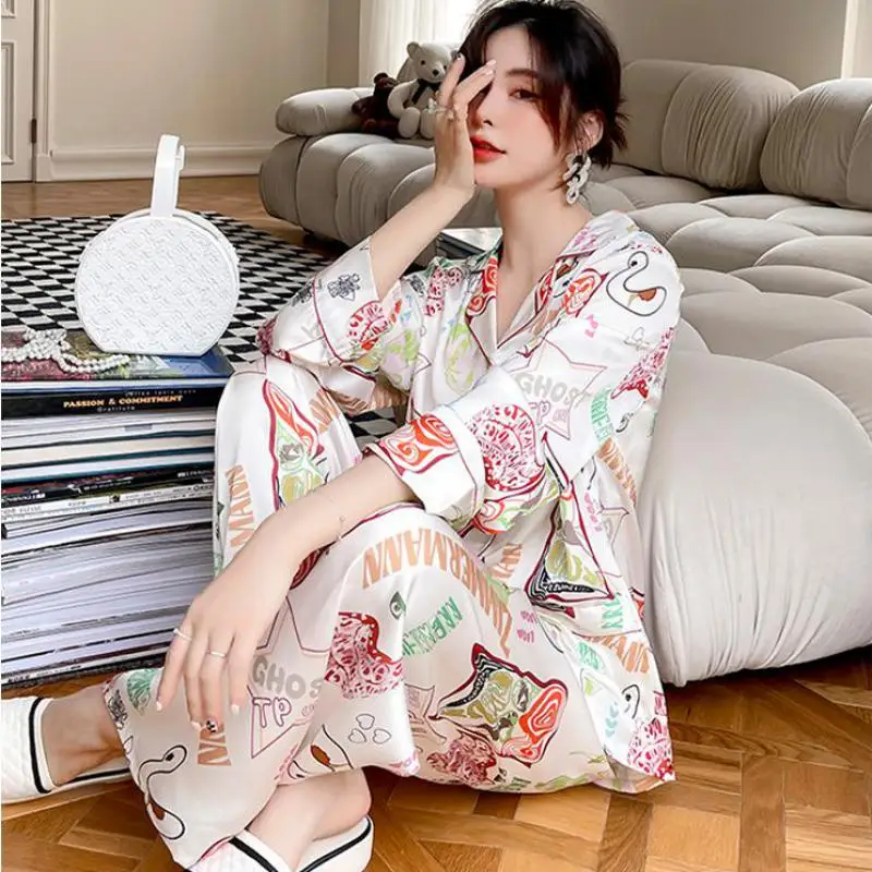 

Spring Autumn Nightwear Women 2PCS Pajamas Suit Thin Long Sleeve Sleepwear Satin Lapel Sleep Set Loose Large Size Home Clothes