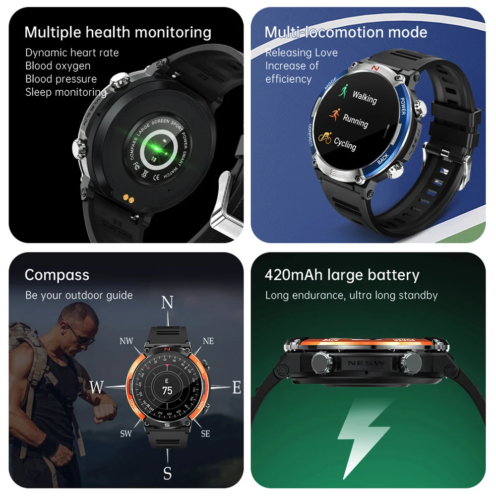 1,52-дюймовый 360*360 HD-экран Blue Tooth Call Смарт-часы Компас Обнаружение сердечного ритма и кислорода в крови 420 мАч Длительный режим ожидания Спорт