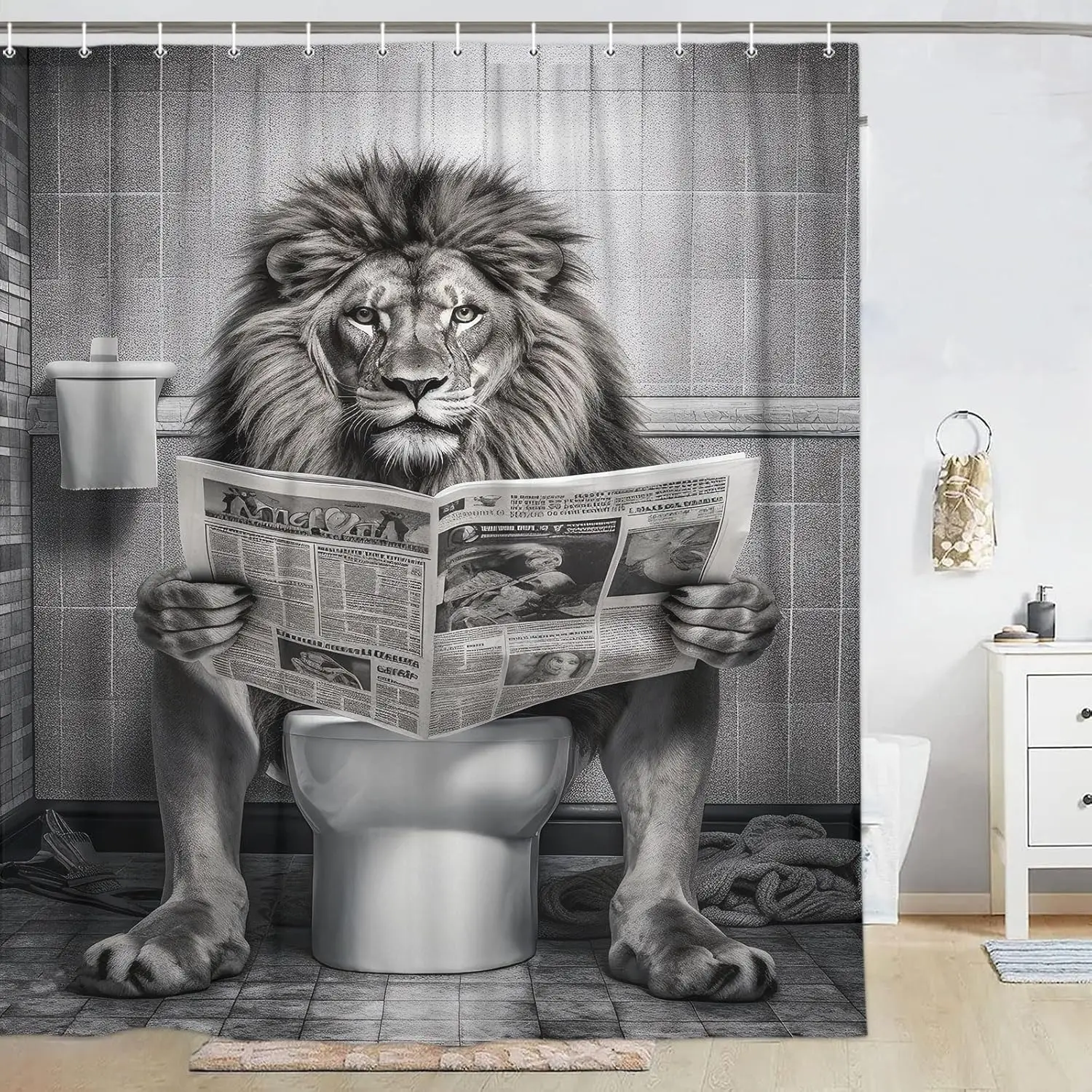 Funny lion shower curtain, fancy humor leo animal shower curtain suit, black and white funky, gray shower curtain