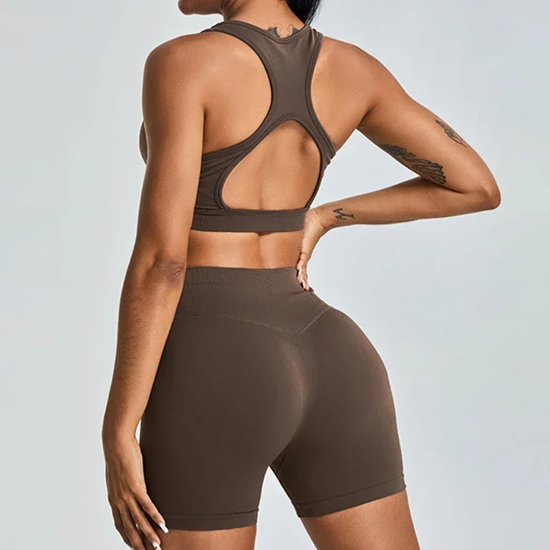 

2 Piece Seamless Hollow Belly Peach Heart Yoga Clothes Beauty Back Yoga Clothing Shorts Set Women Quick Dry Running Fitness Pant