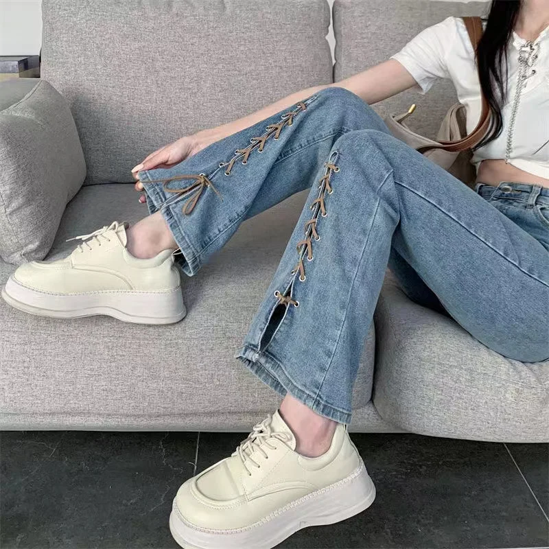 

Slimming High Waist Bell Bot Jeans Women's Summer New Sle Drapey Slit Pants Trendy Tie Waist Denim Skinnies