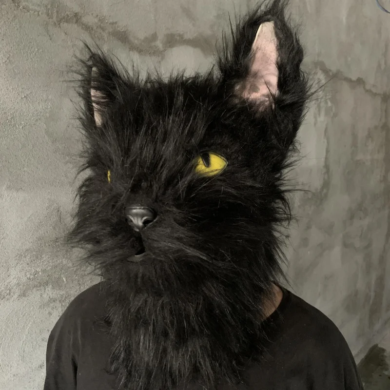 Lateks z futrzanym czarny kapelusz Cosplay maska straszny kask śmieszny kostium kaptur zwierzę maseczka do włosów nakrycia głowy dla dorosłych jeden rozmiar