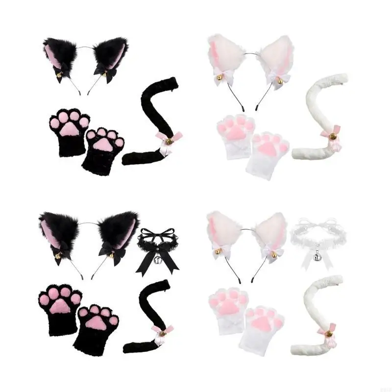 

B95F 3/4pcs Costume Accessories Set Ears Headband,Lace Choker,Gloves Tail