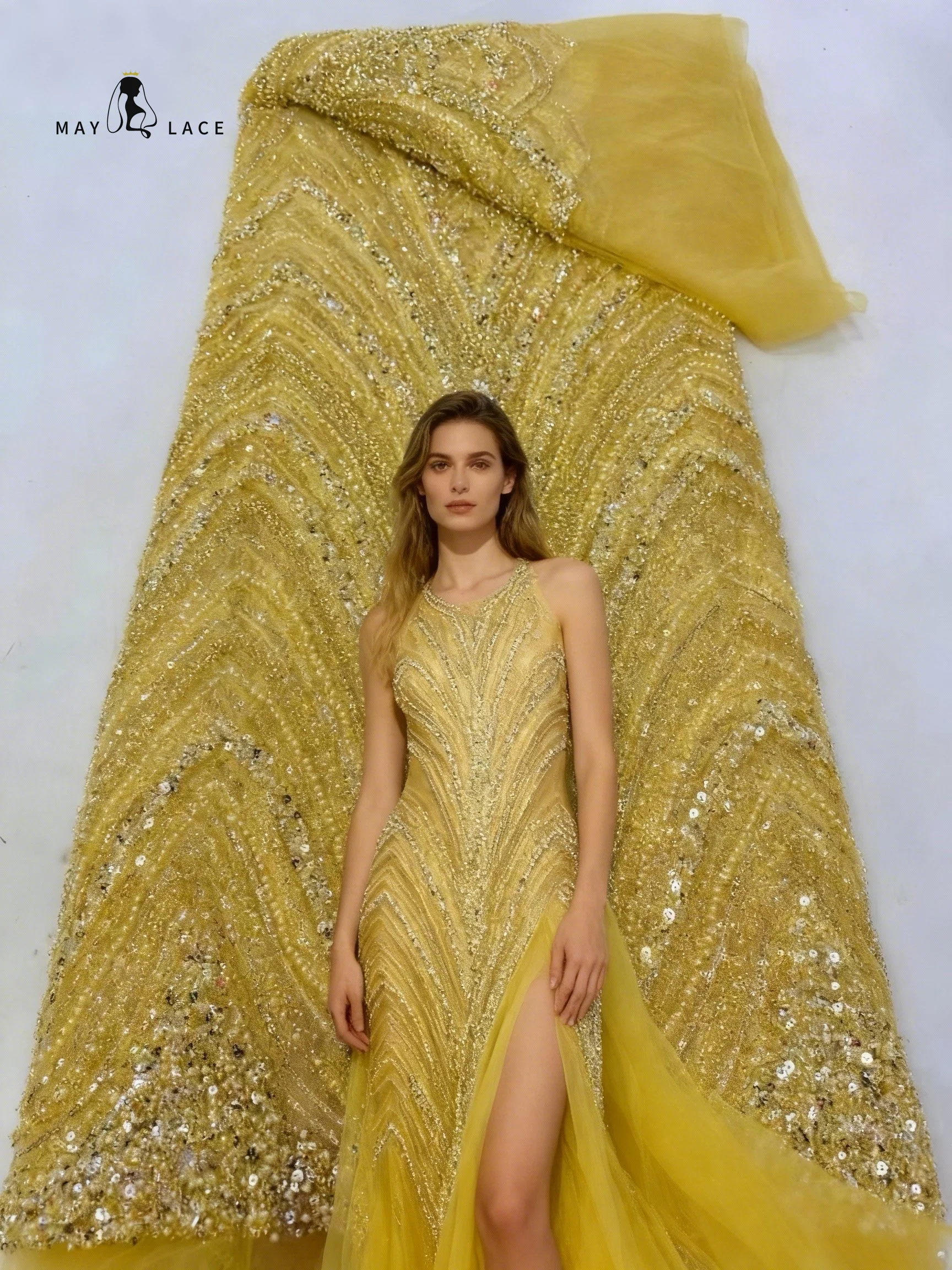 

Nigerian 2025 New Beauty Gold Tulle Lace Fabrics With Heavy Beaded High Quality African Sequins French for Wedding Dress Women