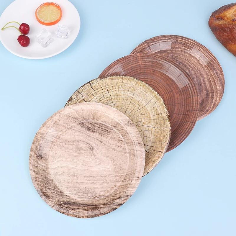 10Pcs 7-Inch Retro Imitation Wood Grain Disposable Tableware Plate Paper Tray Birthday Holiday Party Decoration Household Item