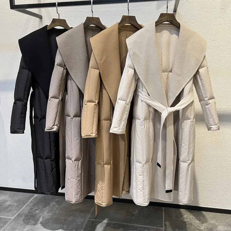 リバーシブル カシミヤ混 ホワイトグースダウンコート レディース ドローストリング付き