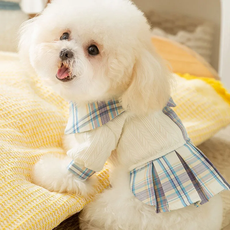 College Style Dog Clothes Pet Uniform Dresses Small and Medium Dog Winter Clothes Teddy Plaid Pullover Warm Princess Dresses