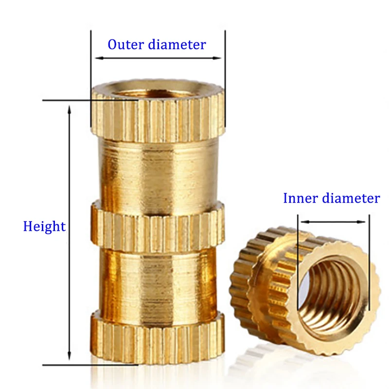 Injection Molded Brass Nuts, Through-Hole Embedded Inserts, M2 M2.5 M3 M4 M5 M6 M8 Knurled Brass Nuts