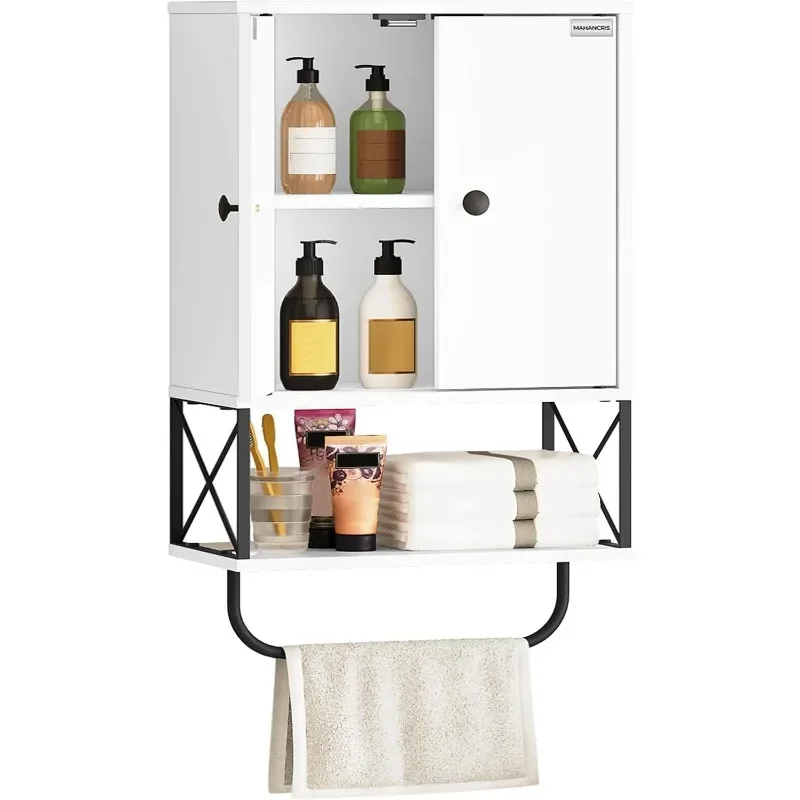 Bathroom Wall Cabinet with 2 Door and Adjustable Shelves, Farmhouse Medicine Cabinet with Towel Rack, 3-Tier Wall Mounted