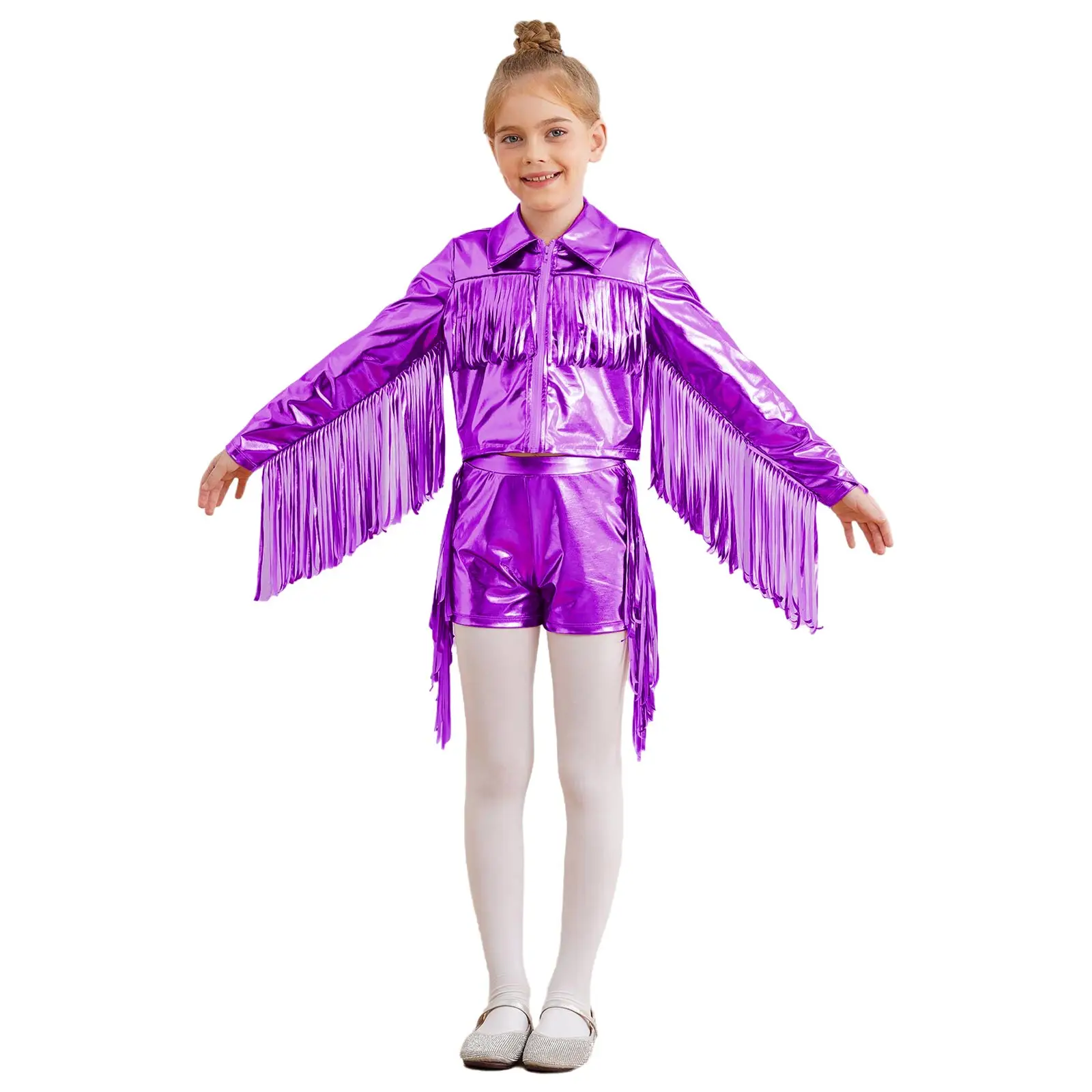 Pakaian tari Tango Jazz metalik rumbai anak perempuan kostum pertunjukan jaket pinggiran ritsleting lengan panjang dengan celana pendek pakaian tari disko