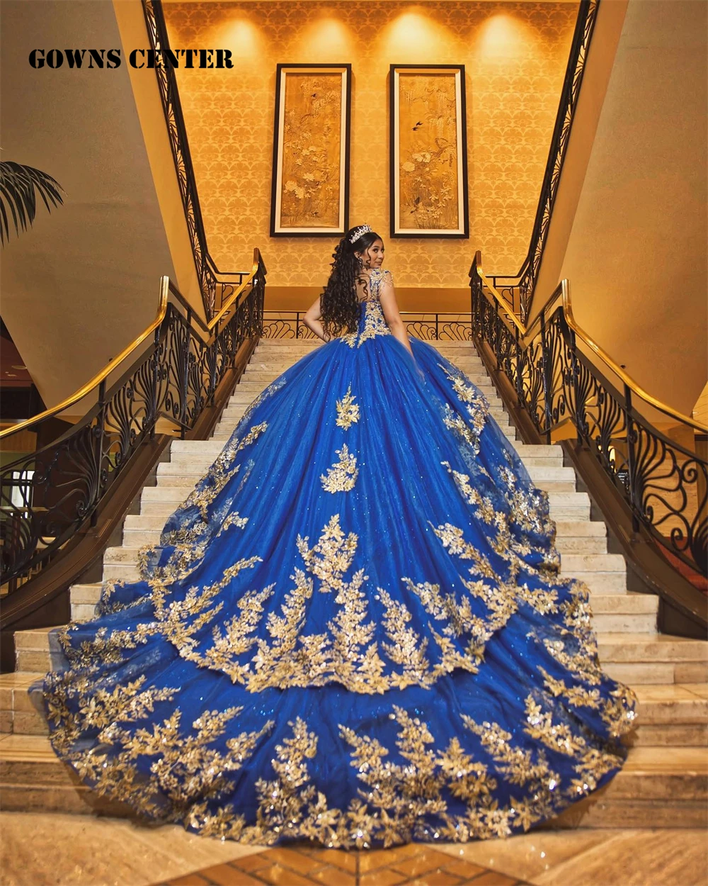 

New In Gold Sequined Appliques Royal Blue Quinceanera Dress Baeded Ruffels Vintage Mexican Ball Gown Dress18th Birthday Debut