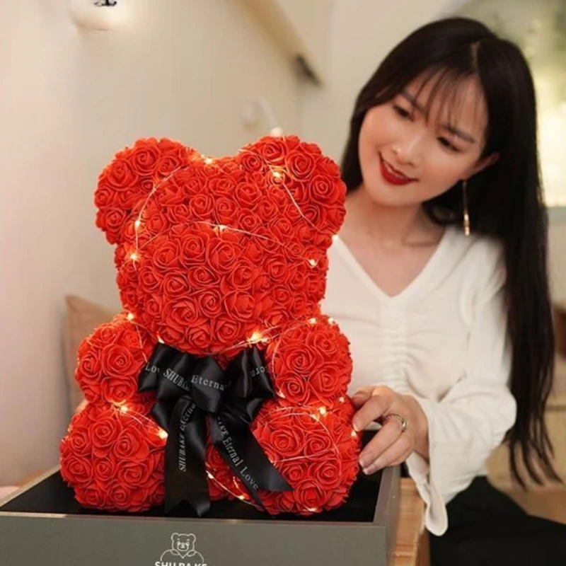 Valentines Day 25cm Artificial Teddy Rose Flower Bear with Box Romantic Gift Girlfriend Women Mother Birthday Wedding Party Deco