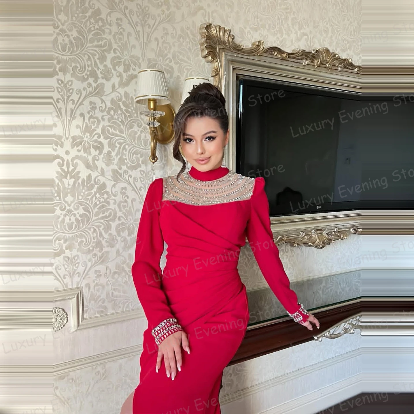 فساتين سهرة رسمية بسيطة امرأة حورية البحر مثير مطرزة برقبة عالية سبليت فساتين حفلات موضة فيستدوس دي نوفيا مخصصة #3