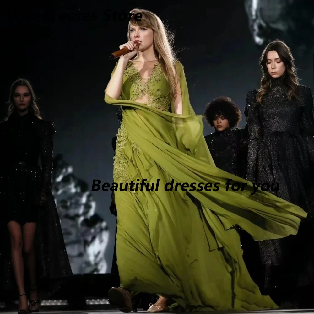 Green Leaf Appliques V-Neck Evening Dress Cut Out Long Sleeves Evening Gowns Customized A Line Tiered Lace Up Back Prom Dress