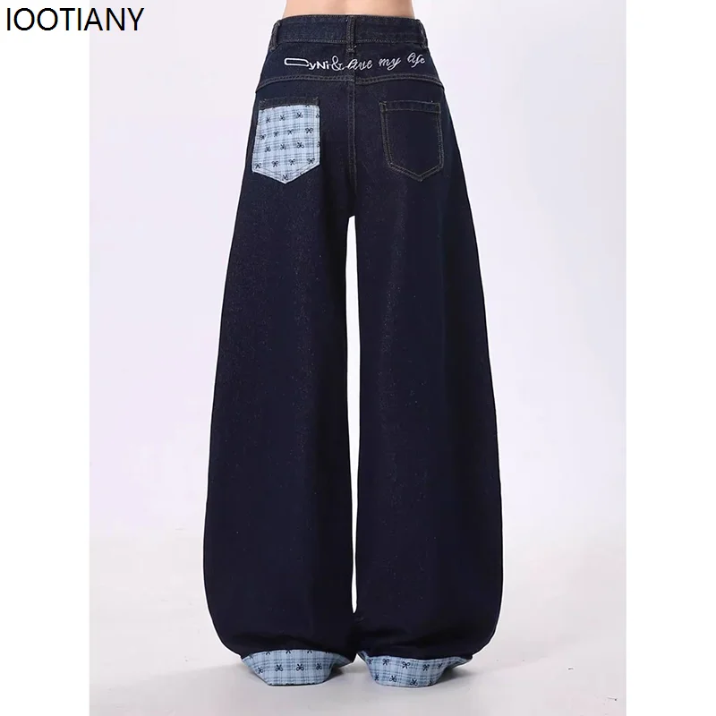 Girls High Waisted Jeans Pants Lady Dark Blue Checkered Denim Pants Women Chic Patchwork Straight Leg Jeans Trousers