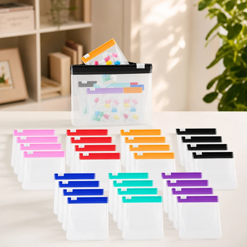 Organizer Pouches Waterproof Pill Storage Bags for Travel Daily Vitamin Sorting Portable EVA Zipper Pouch with Labels Kit