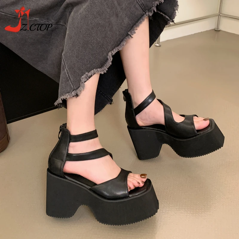 

Fashion Open Toe Block Heel Platform Sandals Zip 10cm Chunky High Heels Women Shoes Summer Black Punk Wedges Gladiator Sandals