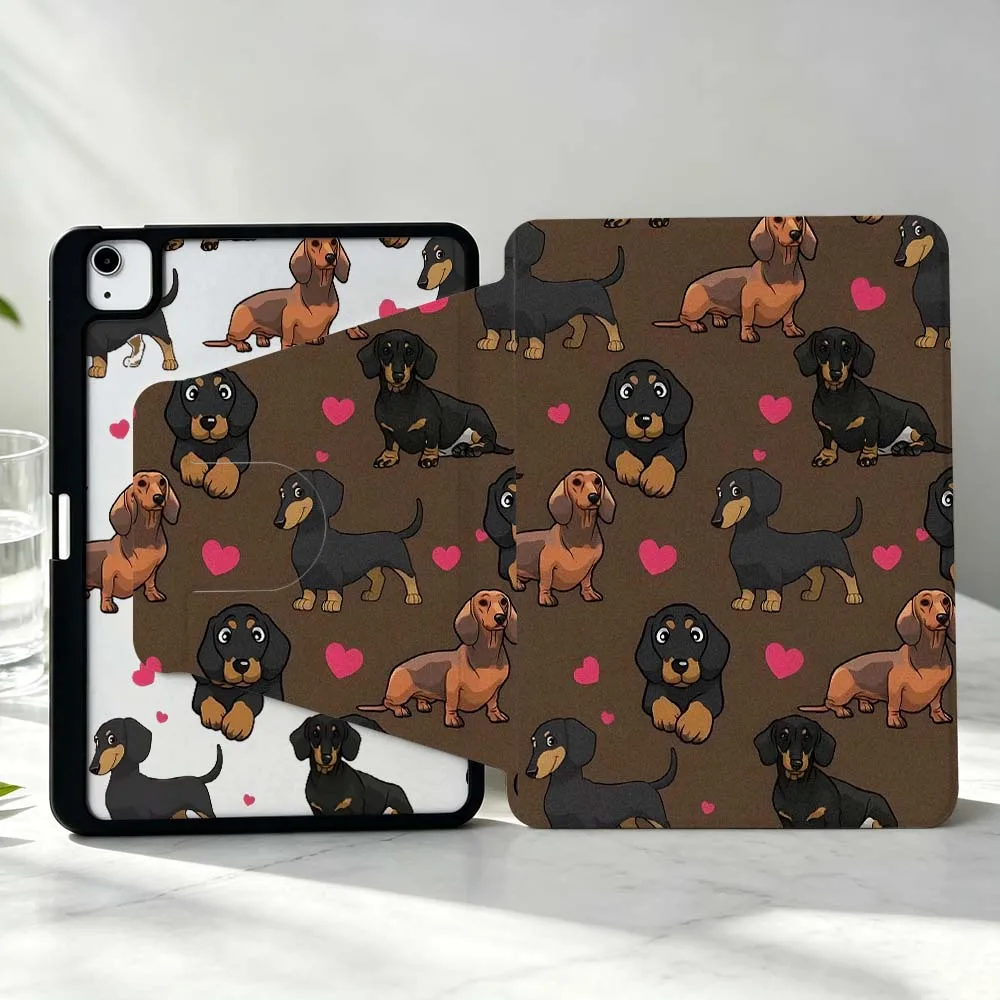 Cartoon Dachshund Heart For iPad Pro Air mini 6 5 4 12th M5 M4 M3 M2 A16 A17Pro 360° Rotation Stylus Storage Tablet Case