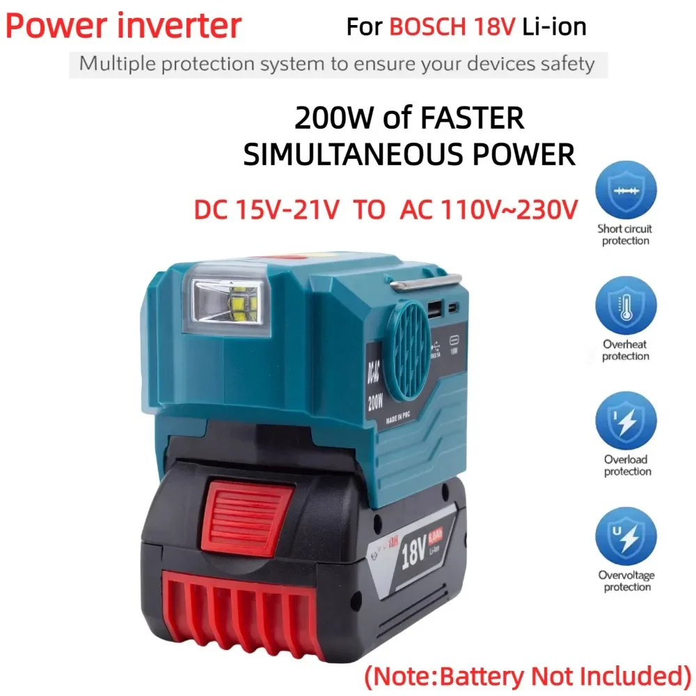 200W Power Inverter for BOSCH 18V Lithium Ion Battery Adapter with 110V~230V AC Outlet with USB LED Light （No Battery）