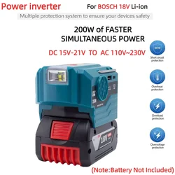 200W Power Inverter for BOSCH 18V Lithium Ion Battery Adapter with 110V~230V AC Outlet with USB LED Light （No Battery）