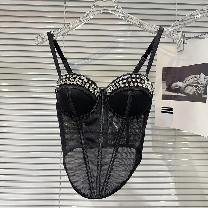 2025 Summer New Sexy Celebrity Nail Drill Contrasting Color Fish Bone Waist Mesh Chest Pad Vest Elastic Slim Crop Top Women